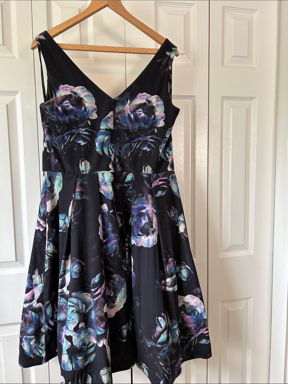 Floral V-Neck Black Dress with Blue-Purple Accents - Picture 3 of 10